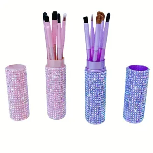Hochwertiges 5-teiliges Strass-Make-up-Pinsel-Set mit glitzerndem Zylinder-Halteretui