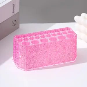 Portapennelli da trucco in acrilico con strass rosa con 26 fori per eyeliner e matite