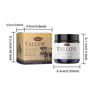 Detailed view of WOODSLEEP tallow face and body balm jar packaging with dimension guides.