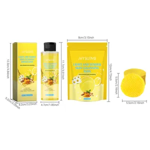 Jaysuing turmeric skin cleansing essence dew and pads set with detailed size dimensions.