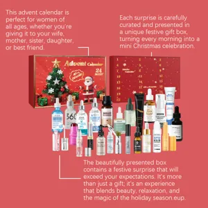 Coffret cadeau de soins de la peau de l'avent de Noël, détail avec 24 produits de beauté.