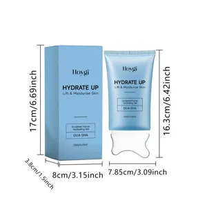 HOYGI facial hydrating gel detail view showing product dimensions and gua sha applicator design.