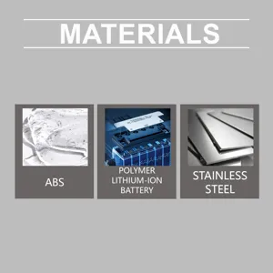 Material specification detail image showing ABS, polymer lithium-ion battery, stainless steel.