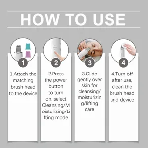Instruction guide detail showing how to attach brush heads, power on, and use skin care mode.