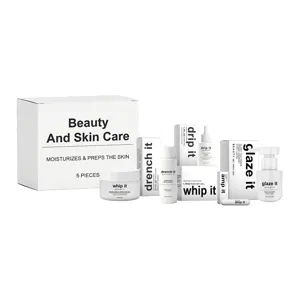 5-piece skincare set featuring hydrating cream, nourishing serum, and soothing priming milk.