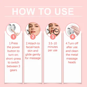 Vue détaillée montrant les instructions d'utilisation du masseur facial cœur à trois vitesses.