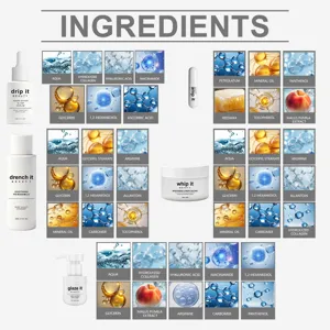 Skincare set with five practical products and detailed ingredient breakdown for facial care.