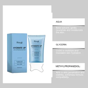 HOYGI facial hydrating gel ingredient detail with aqua, glycerin and methylpropanediol.