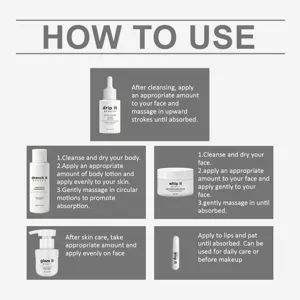 Detailed usage guide for 5-piece skincare set, showing step-by-step application instructions.