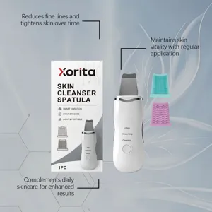 Detailed view of electric facial cleanser spatula with silicone brush attachments and modes.