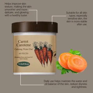 WOODSLEEP Carrot Calming Water Pad 60pcs detail view showing soothing and hydrating skincare benefits.