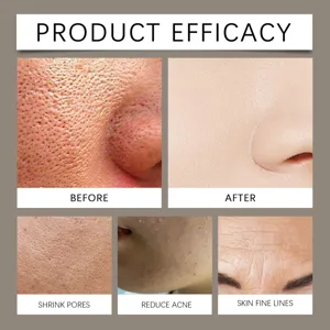 Detailed skincare efficacy comparison view showing pore shrinking and skin repair texture.