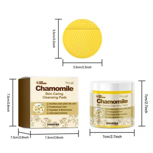 Chamomile skin caring cleansing pads set with dimensions for pad, box, and jar