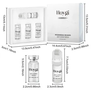 Diagrama de dimensiones del juego de suero microneedle Hoygi con botellas y tamaños.