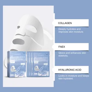 Macro detail of Bio-Collagen face mask set highlighting collagen and hyaluronic acid benefits