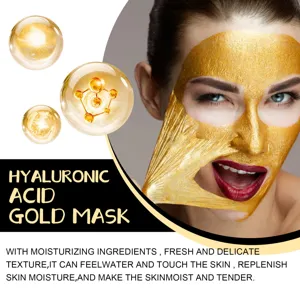 Hyaluronsäure Gold Gesichtsmaske Detailansicht, feuchtigkeitsspendende Anti-Aging Gesichtspflege.