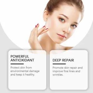 Detail view of smooth skin with text about powerful antioxidant and deep repair benefits.