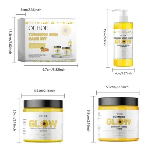 OUHOE turmeric skincare set size chart featuring facial cleanser, scrub, and hydrating butter.