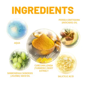 Detailed ingredient graphic showing turmeric, avocado oil, jojoba seed oil, salicylic acid.