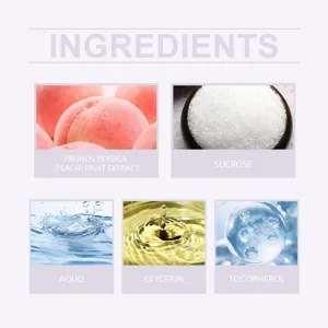 Cosmetische ingrediënten infographic met natuurlijke perzikextract, sucrose, glycerine en vitamine E.