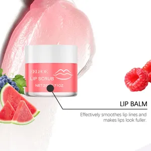 Gedetailleerd overzicht van roze lippenscrubpotje met fruit, verzacht droge en schrale lippen.