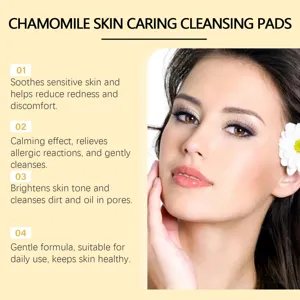 Benefits of chamomile skin caring cleansing pads shown next to a female model