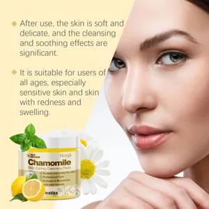 Detailed view of Hoygi chamomile cleansing pads with model's glowing, hydrated skin texture