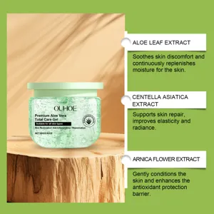 OUHOE Aloe Vera Total Care Gel details featuring plant extract soothing and moisturizing formula.