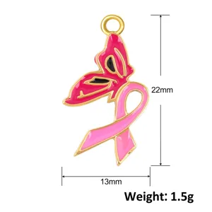 Dimensiones y peso detallados del colgante de mariposa con cinta rosa chapado en oro