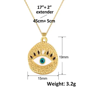 Gedetailleerde weergave van afmetingen van gouden evil eye geluksbrenger hanger ketting