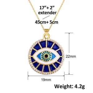 Gedetailleerde afmetingen voor vergulde Evil Eye ketting met zirkonia hanger
