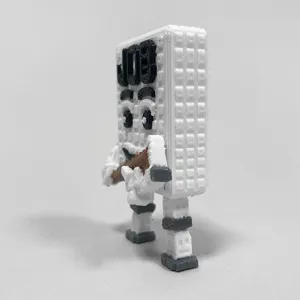 Gedetailleerd aanzicht van 3D-geprinte Job Job meme-figuur met uniek blokdesign.