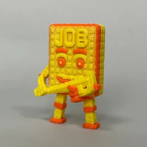 3D geprinte Job Job Sahur brainrot noviteit speelgoed figuur detailopname gele en oranje textuur.