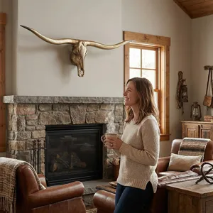 Rustic bronze longhorn skull wall decor detail showcased in a cozy living room setting.