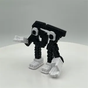 Zwart-witte pixel cijfer figuur speelgoed, blokvormig ontwerp met ogen, leuke bureau decor.