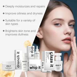 5-piece skincare set with moisturizing cream, soothing milk, and glow serum for all skin types.