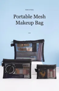Set di borsa cosmetica in rete nera custodia per trucco da viaggio portatile per cosmetici.