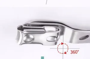 Stainless steel nail clipper detail view, 360 degree rotating head design for easy trimming.