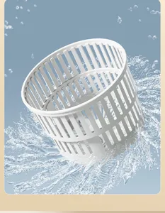 Mini washing machine plastic spin basket detail view, durable white drainage basket accessory.