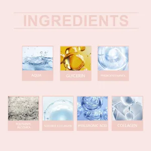 Vista detallada de los ingredientes de la mascarilla incluyendo agua, glicerina y colágeno.