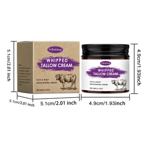 Detailed view of whipped tallow moisturizing cream jar and box showing dimensions and clear labels.