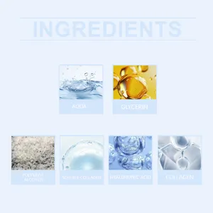 Vista detallada con ingredientes esenciales para el cuidado de la piel como agua y colágeno.
