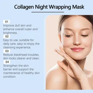 Vista detallada de mascarilla de noche con colágeno que muestra beneficios de piel.