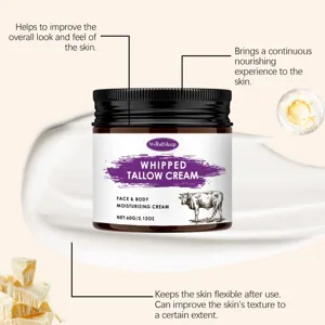 Whipped tallow face and body moisturizing cream jar detail showing smooth texture and nourishing formula.