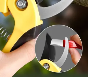 Garden pruning shears blade detail view highlighting sharp cutting edge and strong spring.