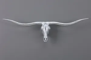 Silver longhorn bull skull wall hanging decor, metallic resin animal taxidermy art.