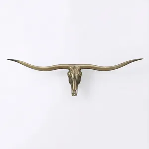 Close-up detail of vintage bronze longhorn skull wall hanging, industrial style decor.
