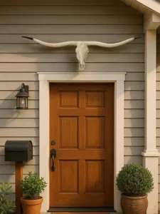 Rustic longhorn bull skull wall hanging, vintage resin animal head decor for home bar.