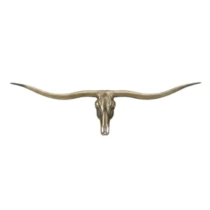 Vintage bronze longhorn bull skull wall hanging, rustic animal head decor for bar home.