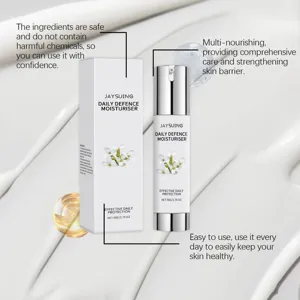 Professional close-up of Jaysuing moisturiser bottle and box against creamy white texture